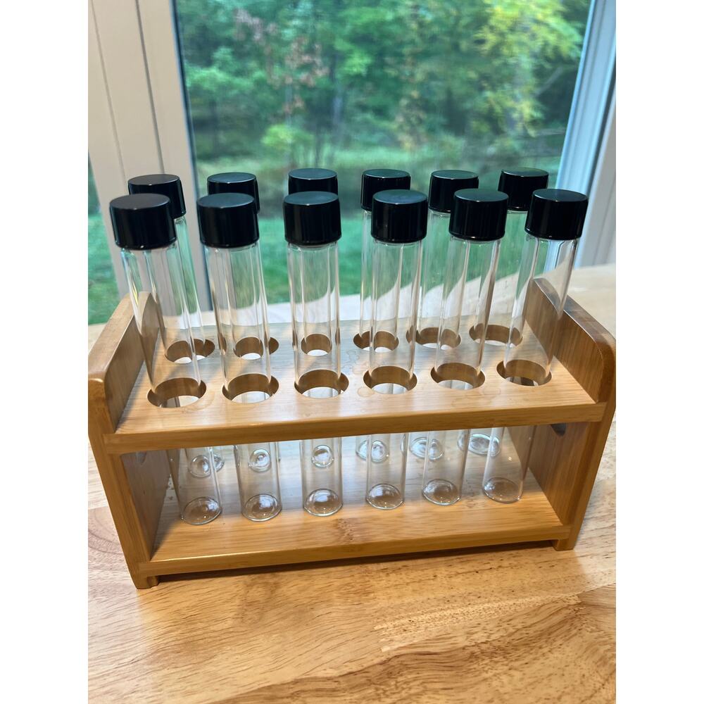 12 Capped Glass Test Tubes with Wood Stand Display Rack Science Lab Testing - Picture 6 of 12